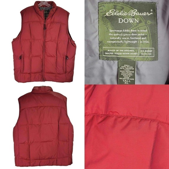 Vintage 90s Eddie Bauer Quilted Goose Down Vest Size Mens XLT Tall Red Faded